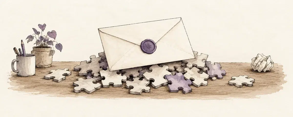 A polished envelope rests on puzzle pieces that do not fit together.