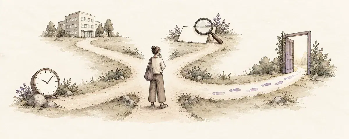 Four paths lead toward a company, evidence, a clock, and an open doorway.