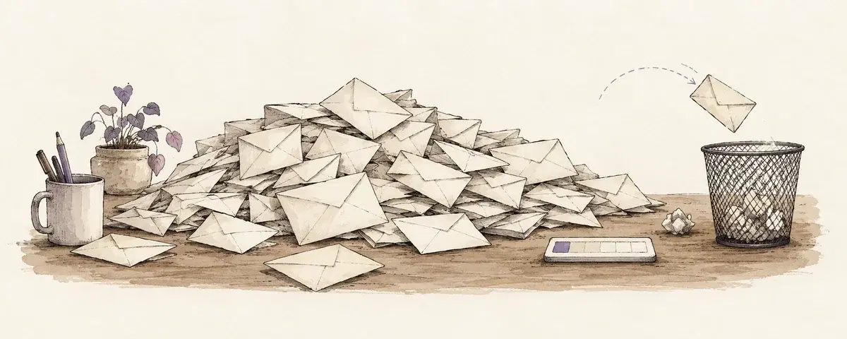A pile of envelopes overwhelms a desk while one drifts toward a wastebasket.