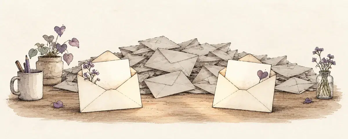 Two warm, open envelopes stand apart from a pile of closed grey envelopes.