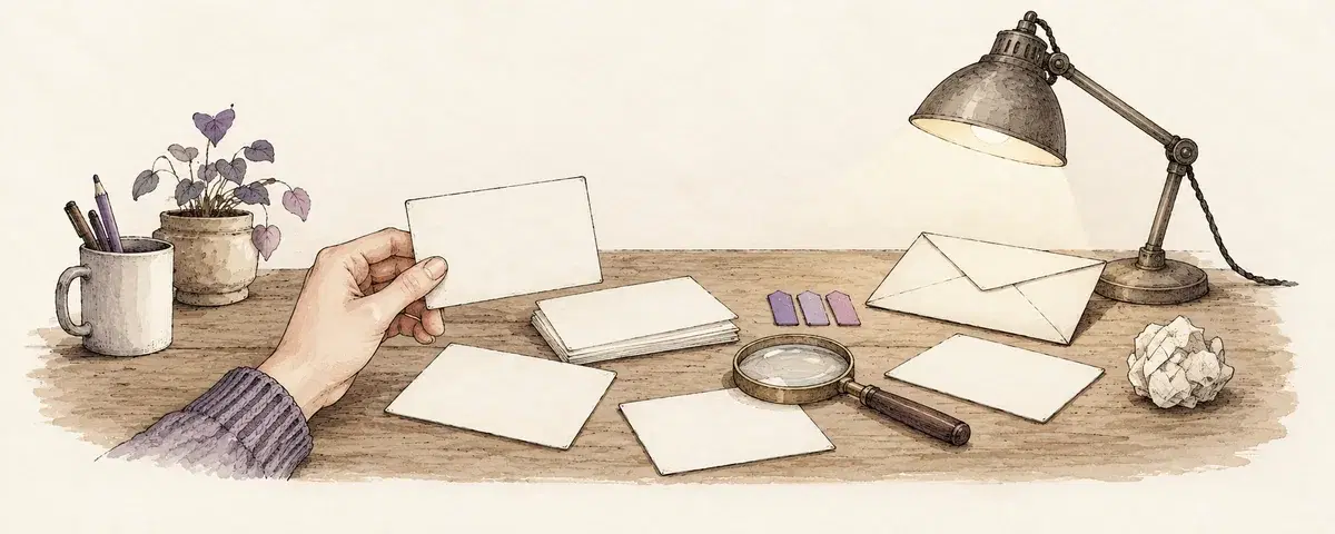 A hand reviews a blank evidence card at a quiet workbench before taking action.