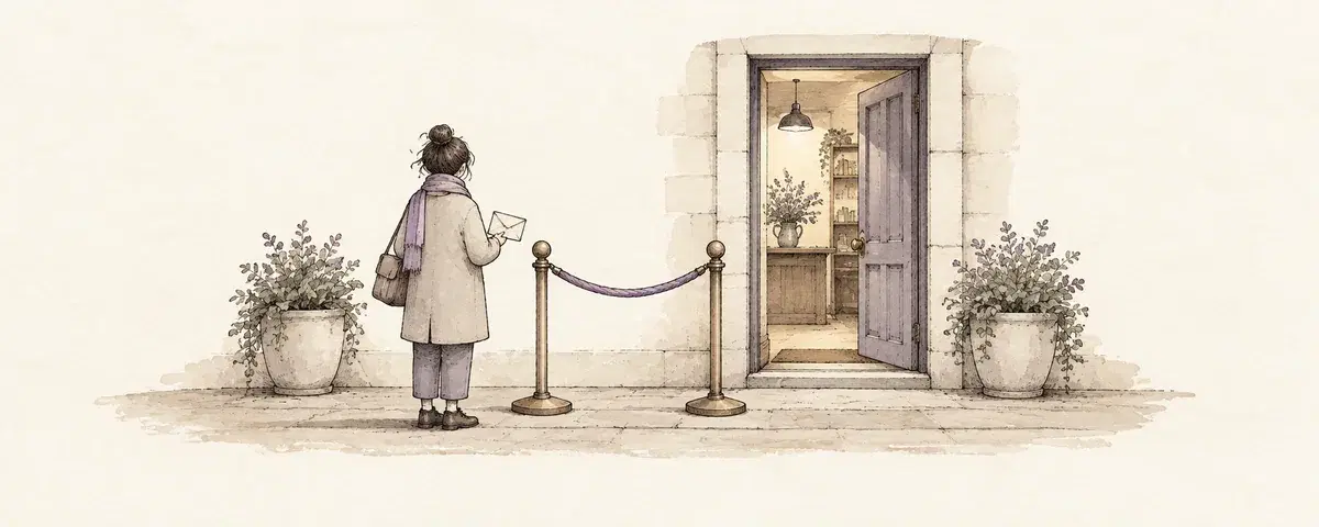 An interested visitor is stopped by a queue barrier beside an open door.