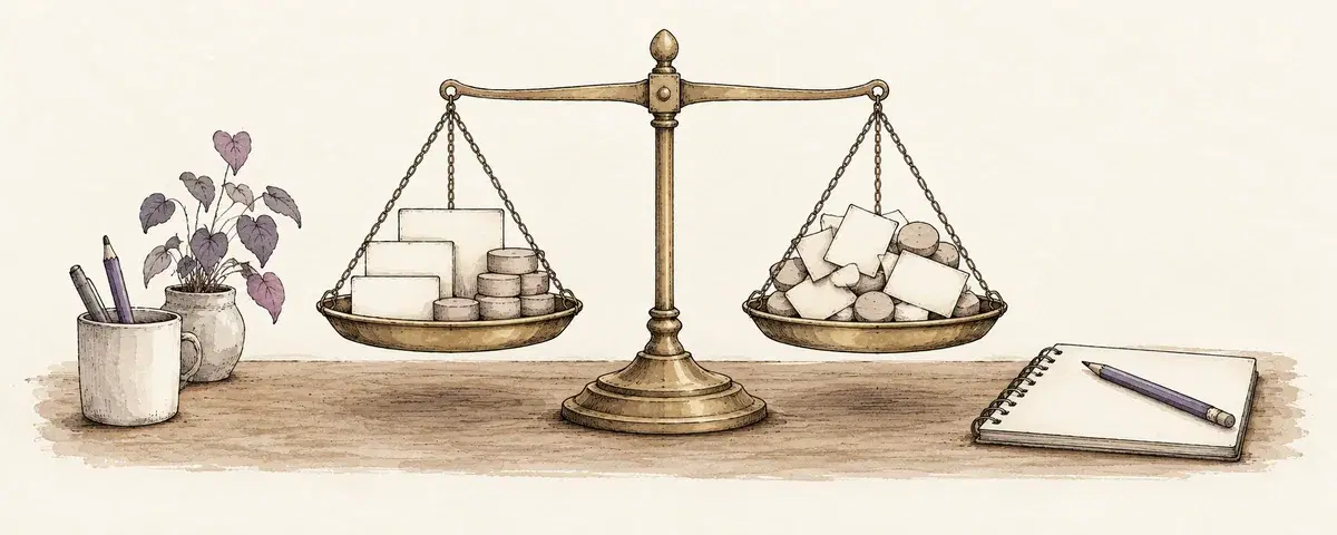 An undecided balance scale compares two arrangements of task cards and counters.