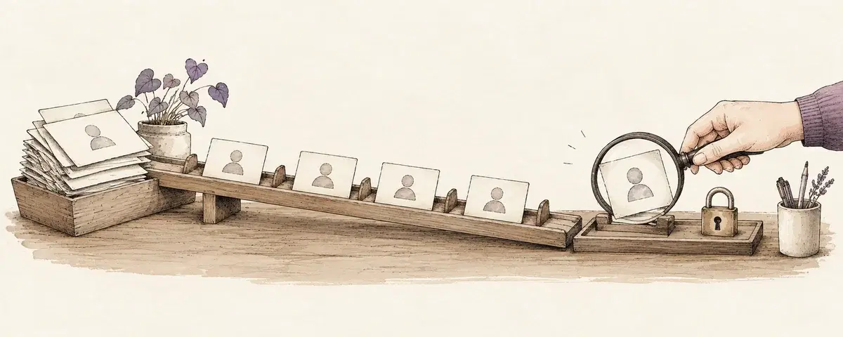Five prospect cards pass through routine checks toward a human review station.