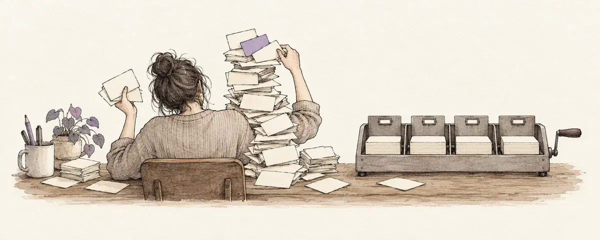 A person balances a stack of blank cards beside a simple mechanical sorter.