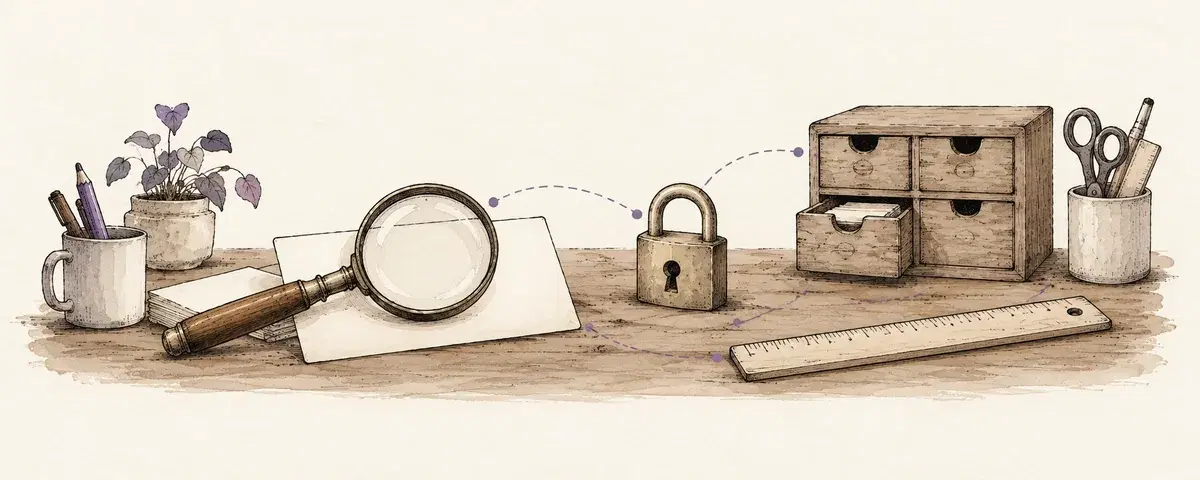 A magnifying glass, lock, ruler, and drawer cabinet form a practical toolkit.