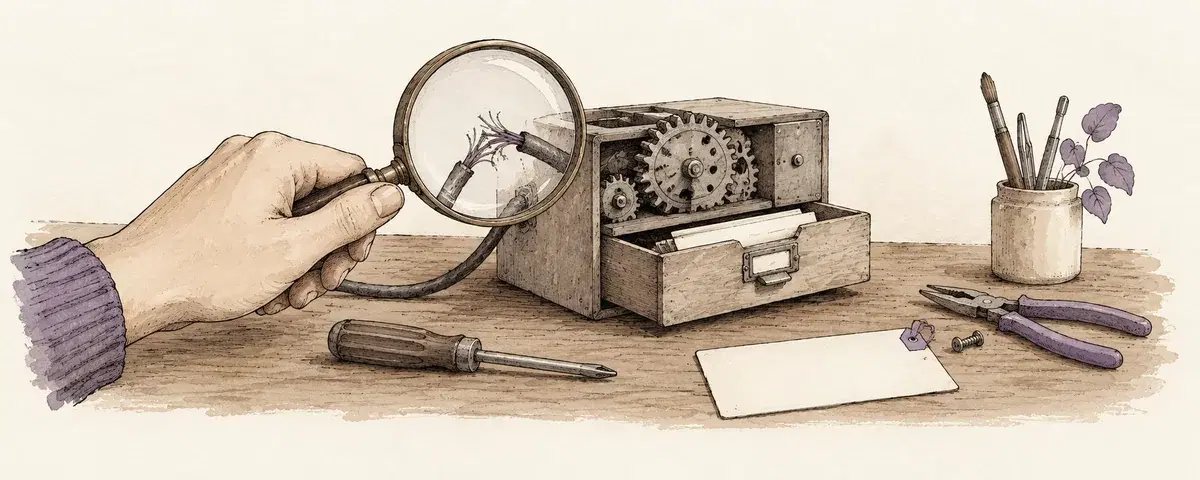 A hand inspects a mechanical tool and its frayed connecting cord.